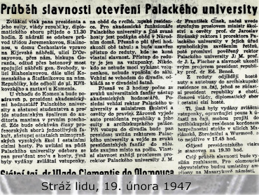 Obdeník OV KSČ v Olomouci Stráž lidu 19. února 1947 informuje o průběhu nastávající slavnosti otevření olomoucké univerzity. 